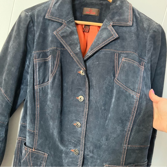 Vintage Danier Suede Leather Denim Blue Jacket Orange Contrast Stitching Y2K - Picture 2 of 13